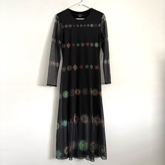 Desigual Double Layer Sheer Long Sleeve Midi Dress Women’s Size Small - Picture 2 of 12